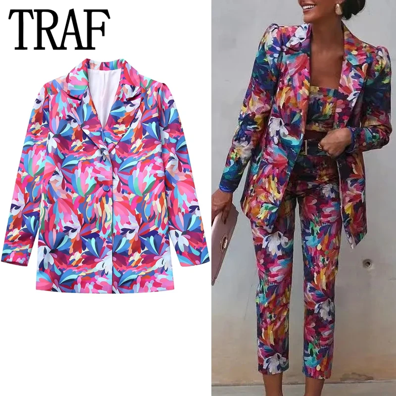 

TRAF 2023 Women Blazer Vintage Print Autumn Jacket Woman Office Casual Blazer Women Long Sleeve Chic And Elegant Woman Jacket