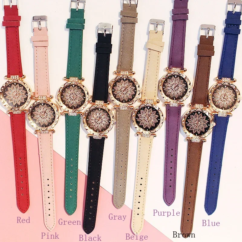 Fashion Flowers Diamond Women Watch + Bracelet Set Luxury Brand Quartz Watches Reloj Mujer Casual Leather Wristwatch Ladyes Gift 2