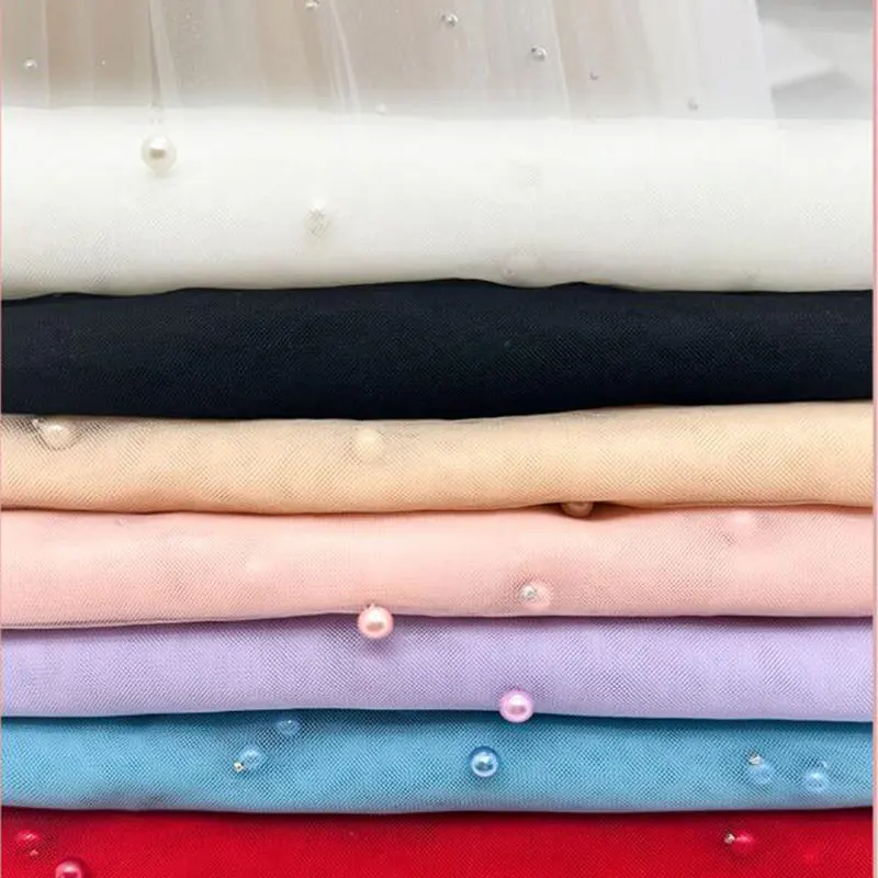 Imitation Pearls Soft Tulle Mesh Fabric Beading Lace DIY Sewing for Party Wedding Dress Curtain Romantic Background Decoration