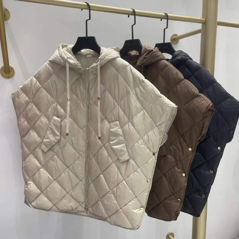 Winter Bat Sleeve Puffer Down Waistcoat Grid Loose Warm Fashion Hooded Sleeveless Coat 90% White Duck Down Streetwear Oversized