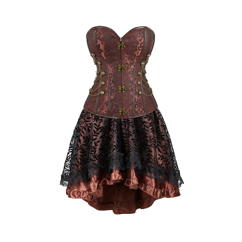 Brown Corset Dress Set Women's Steampunk Gothic Bustier Corset with High Low Skirt 4