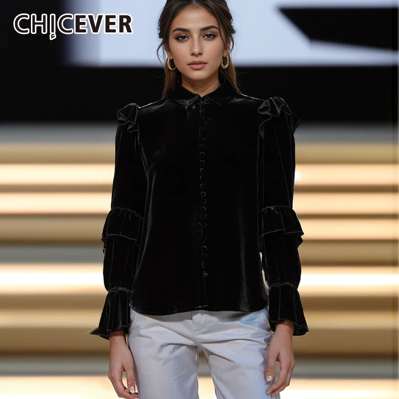 

Модные черные рубашки CHICEVER для женщин с лацканами расклешенными рукавами однобортные облегающие повседневные блузки Осенняя Женская одежда Новинка