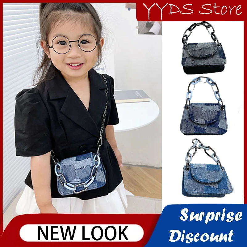 Ins Children's Messenger Denim Chain Bag Blue Checkerboard Plaid Lipstick Coin Purse Girls Shoulder Accessories Bag