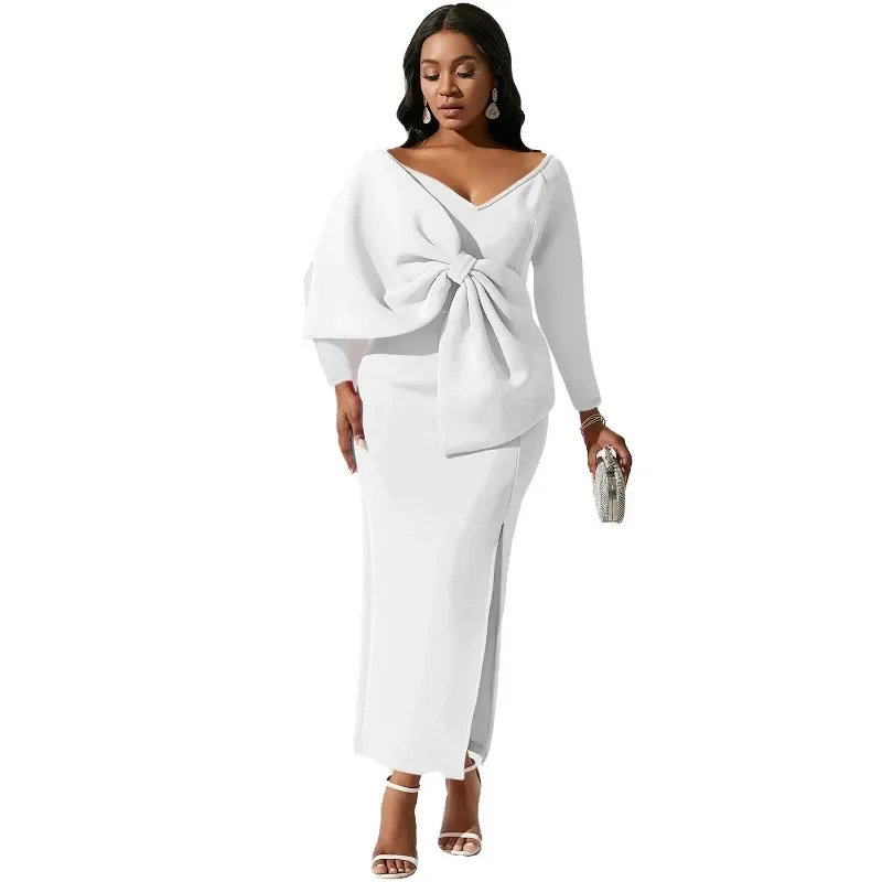 homophony plus size dress casual v neck patchwork flare sleeve sashes a line maxi dresses for women y2k robe de plage femme 5xl Long Sleeve Big Bow Maxi Dress African Dresses for Women Plus Size Dashiki V-neck Robe Femme Hiver 2024 Winter Africa Clothing