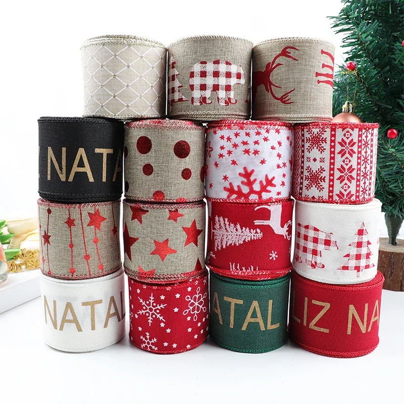 레드 그린 별 눈송이 다채로운 리본, 엘크 휴일 장식 리본, 크리스마스 새해 홈 장식 활, 10 야드