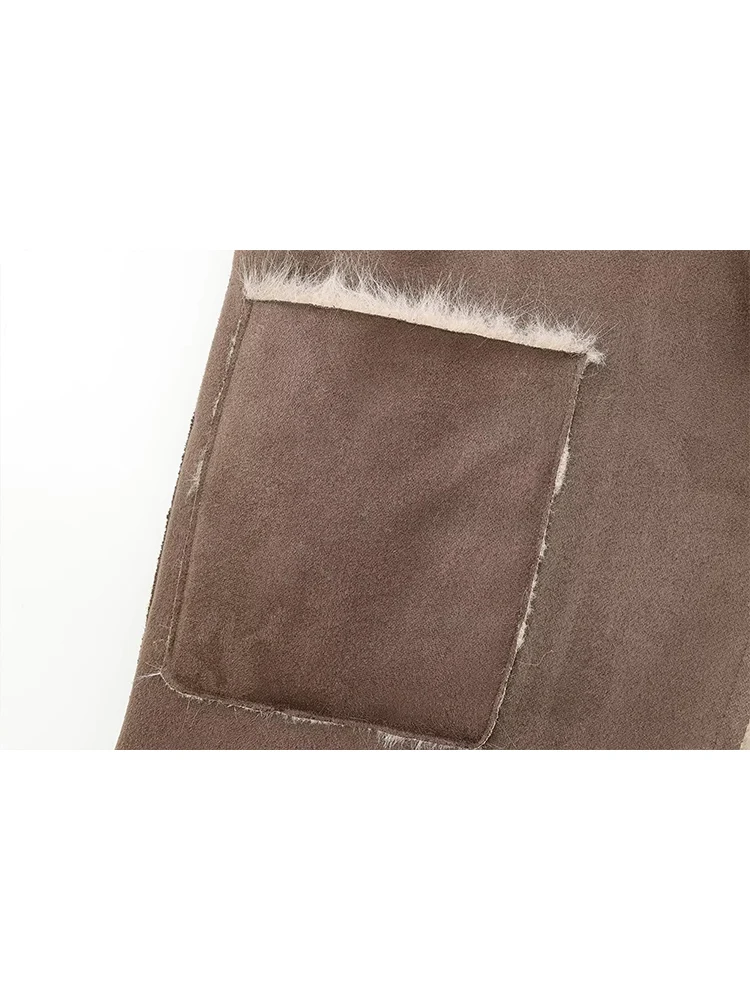 Women Winter Warm Jacket Coat New Loose Reversible Design Faux Fur Effect Long Sleeve Lapel Pocket Decorate Coat Casual Outwear