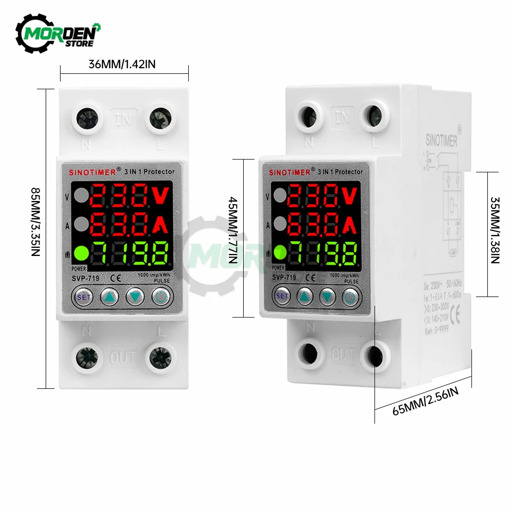 63A 230V 3IN1 Display Din Rail Adjustable Over Under Voltage Device Protector Relay With Over Current Protection Power Supply voltage protector relay voltage protector over voltage protector voltage relay