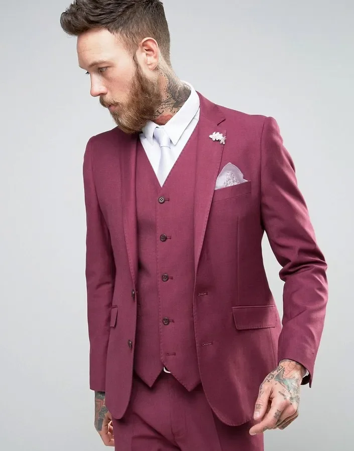 

Gentle Burgundy Men Suit Tailor Slim Fit 3 Piece Elegant Tuxedo Groom Prom Jacket Fashion Blazer Masculino Veste Costume Homme