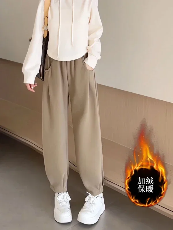 

Harem Baggy Pants for Women Thicken Warm Sweatpants with Velvet High Waist Wide Leg Trousers Winter Thermal Slacks Cropped Pants