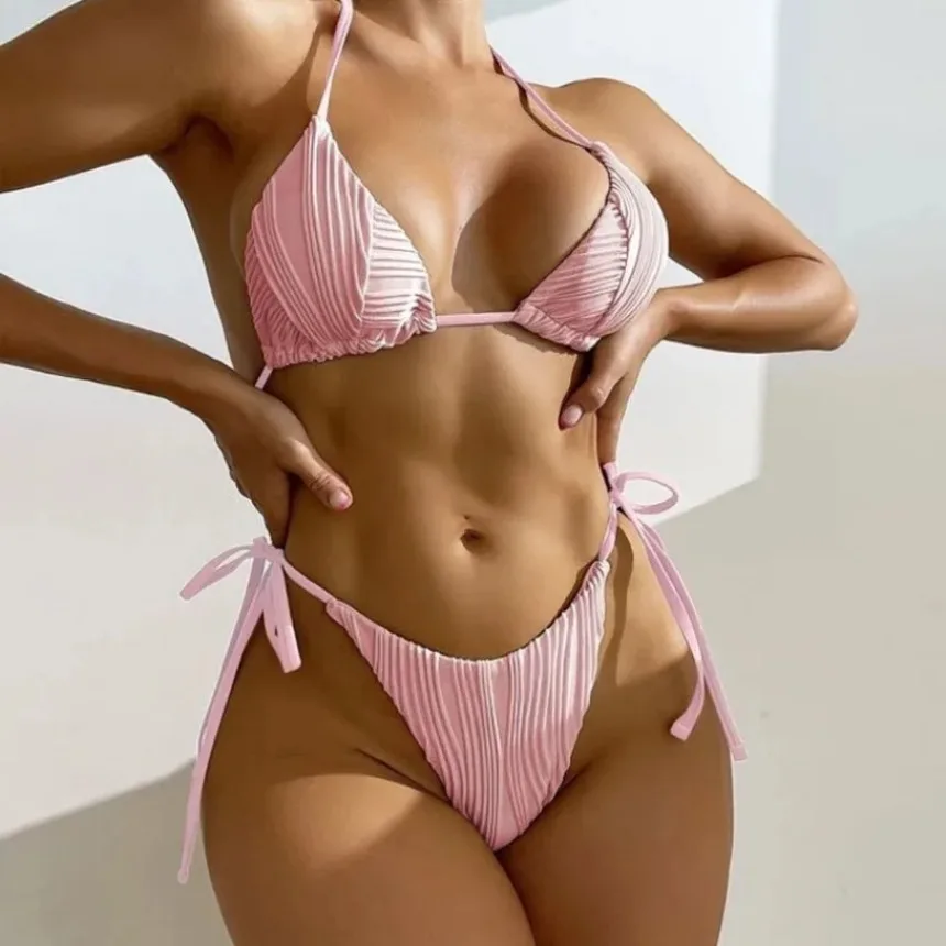 Women Sexy 2024 Micro Bikini Brazilian Sexy Stripe Solid Color Bikini Lace-up Split Swimsuit Women's Figure Display Bikini Set