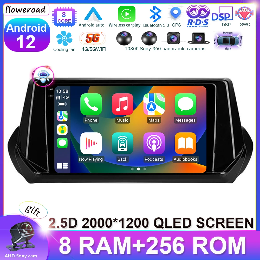 

Carplay auto QLED Android 12 For Peugeot 2008 II 2 2019 - 2021 Car Radio Multimedia Video Player Navigation GPS 2.5D Sony cam
