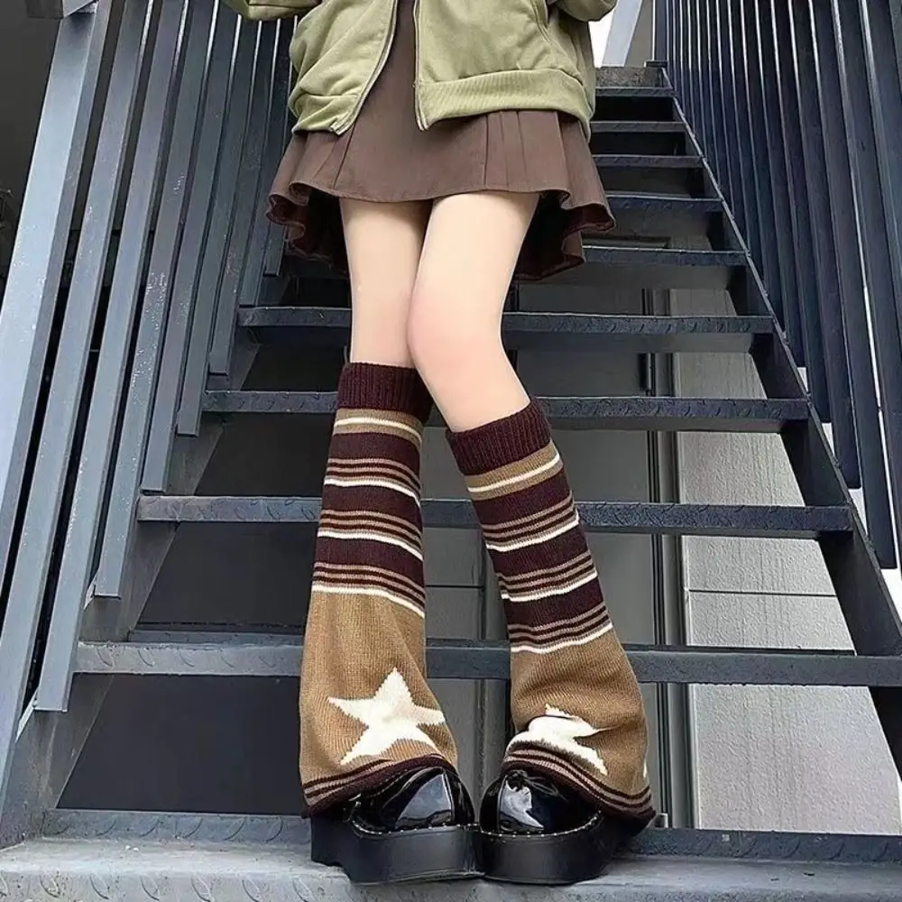 Lolita Pink Brown Star Leg Warmers Knitted Keep Warm Japanese JK Leg Socks High Tube Socks Gift