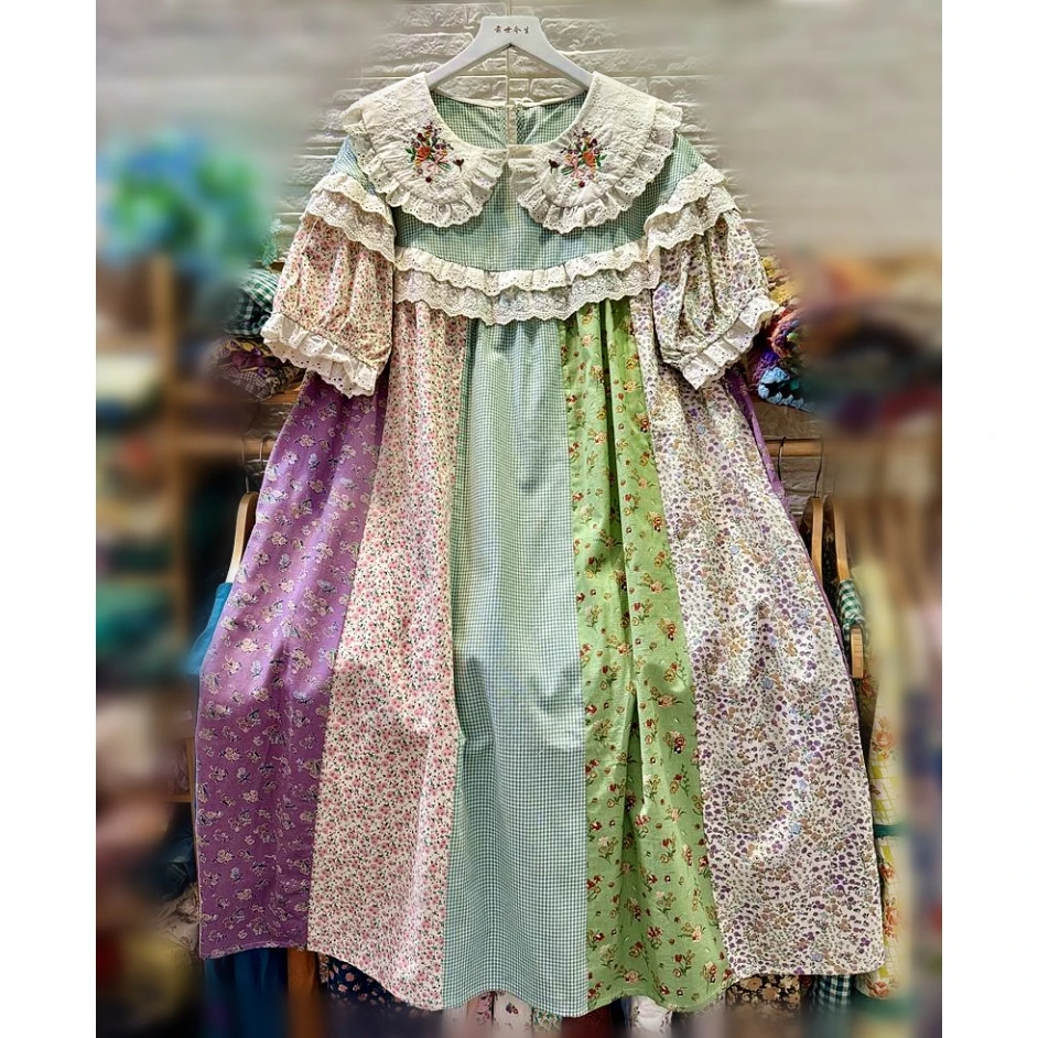 

Винтажная Лоскутная хлопковая льняная туника с оборками и кружевом, длинное платье миди, летнее платье в викторианском ретро стиле рококо, Хлопковое платье