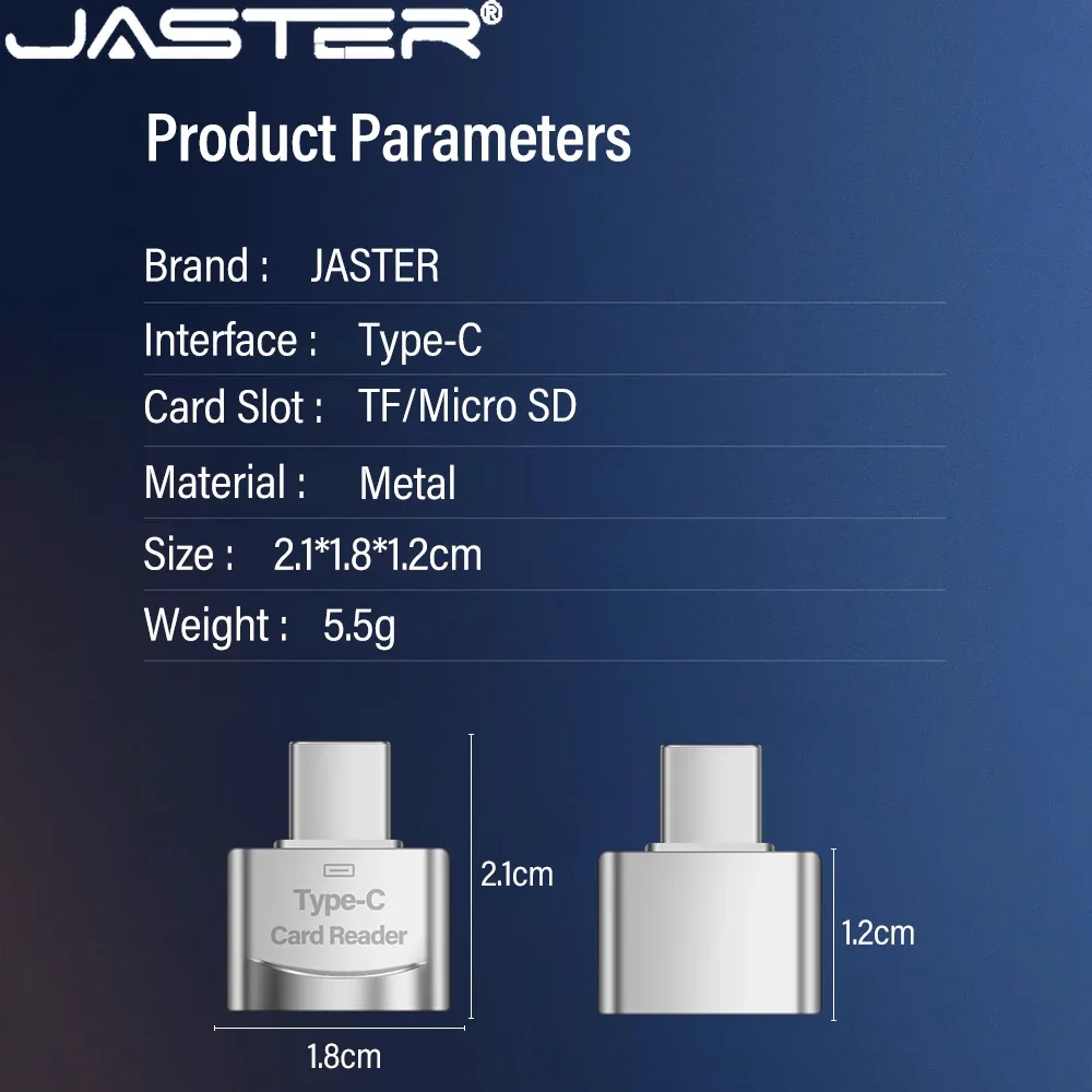 JASTER C타입 메탈 범용 카드 리더, 휴대폰 태블릿 컴퓨터용 고속 사용, 실버 블랙 메모리 스틱 카드 리더