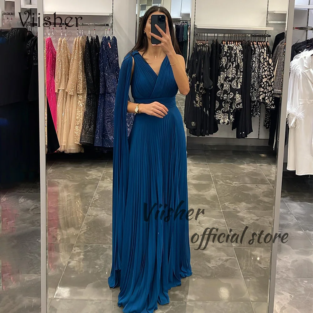 

Viisher Blue Pleats Chiffon Evening Dresses with Cape Sleeveless V Neck Long Prom Formal Dress Dubai Evening Party Gowns