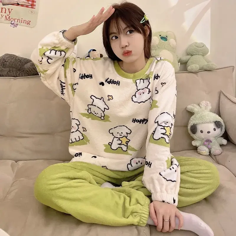 Coral Velvet Sleepwear Women Autumn Winter Flannle Pajamas Set Kawaii Clothing Warm Thick Homewear Korean Fleece Nightwear