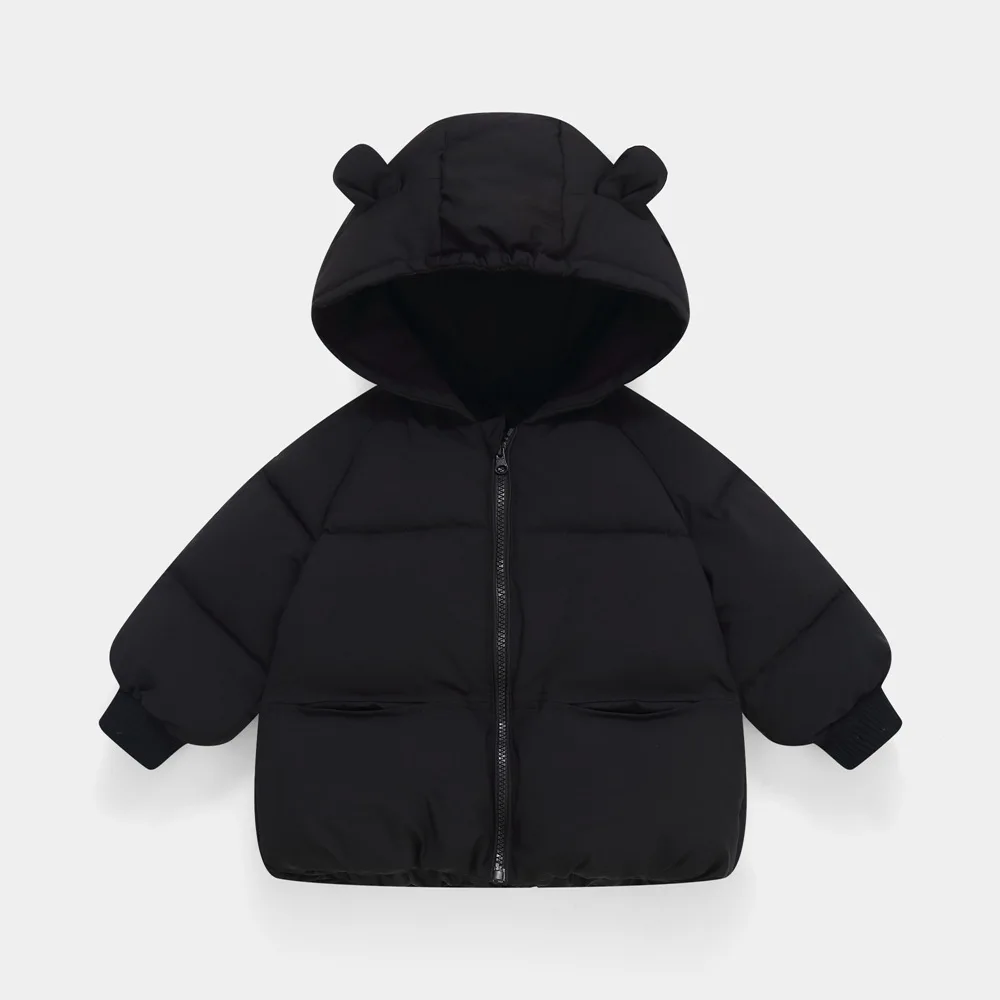 2-6 Years Kids Bear Ear Hooded Puffer Jacket Solid Color Children's Warm Winter Coat