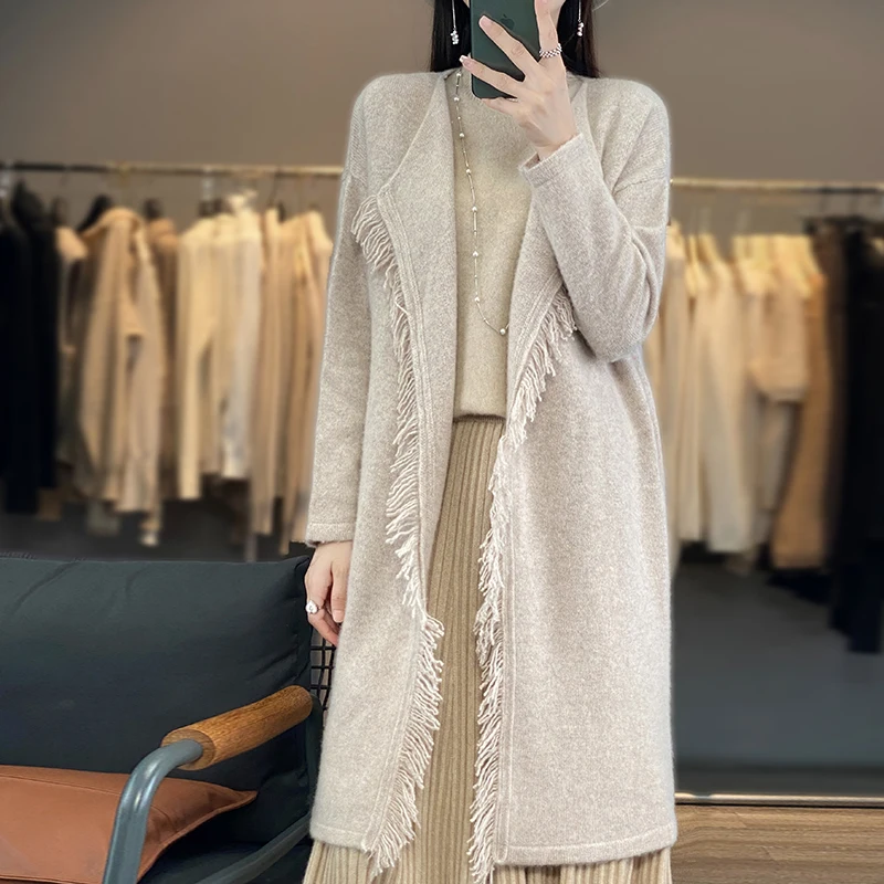 

2023 Women's Winter Loose 100% Wool Sweater Oversized Female Warm Knitted Woolen Cardigan Long Overcoat With