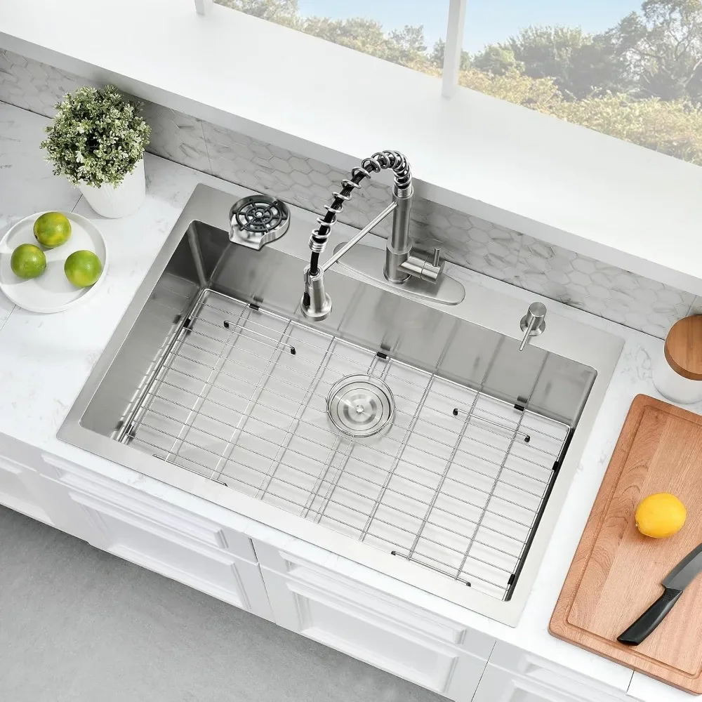 NEW-33×22 Drop In Kitchen Sink with Faucet Combo - Stainless Steel Kitchen Sink Drop In with Cup Washer, 9 Inch Deep Single Bowl