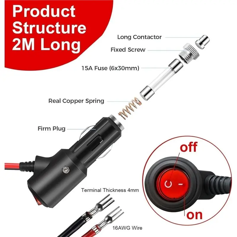 스위치가 있는 시가 라이터 플러그 2M 연장 케이블 12V/24V 16AWG 구리선(LED 표시기 및 15A 퓨즈 포함), 자동차 어댑터