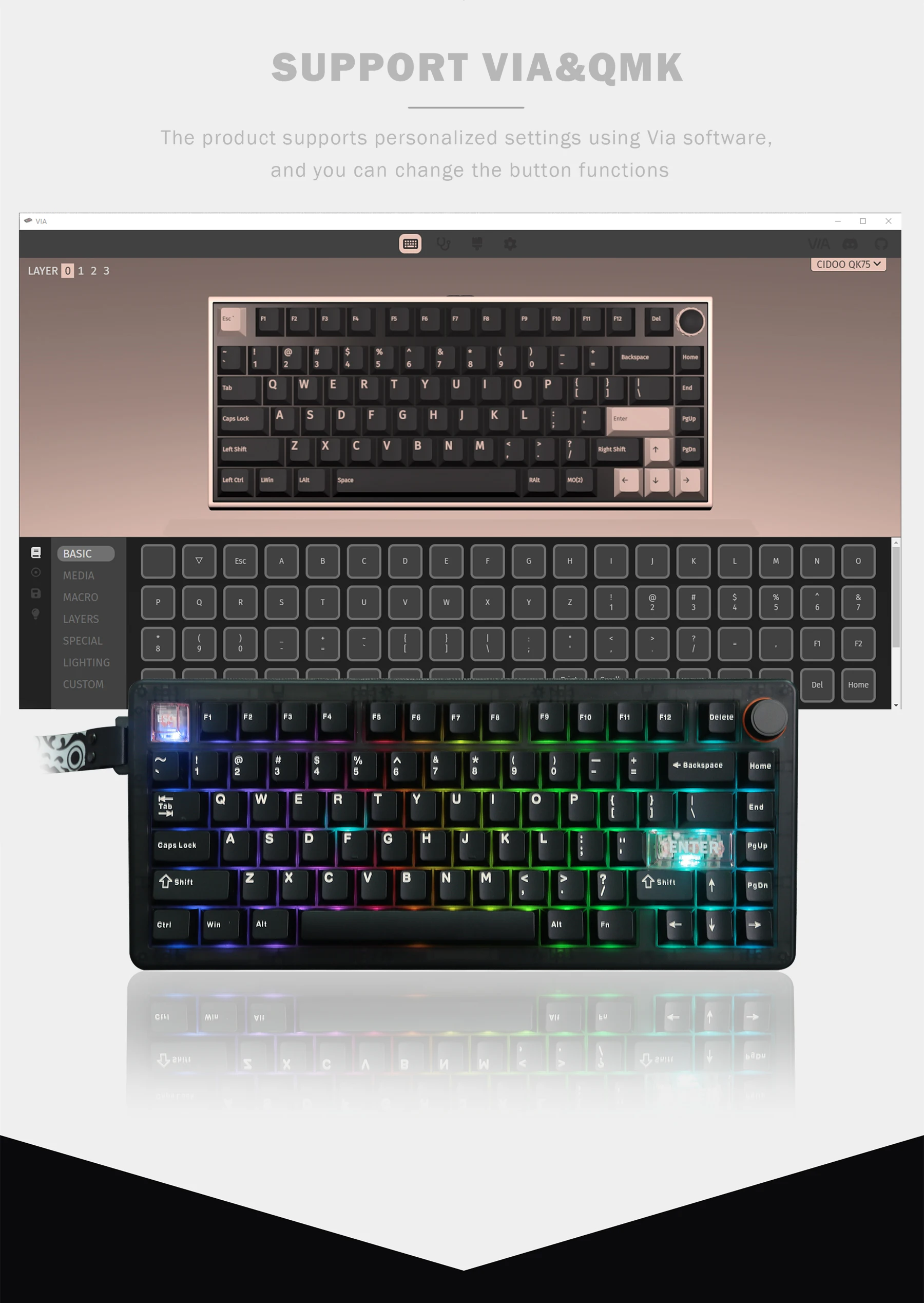 QK75 기계식 키보드 RGB 백라이트 가스켓 구조 VIA/QMK용 3모드 2.4G 블루투스 무선 핫 스왑 키보드