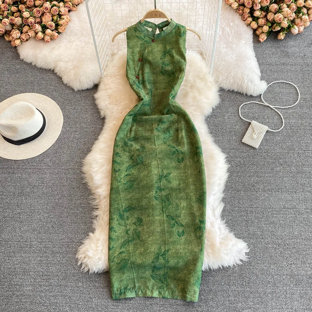 

Cheongsam Dress Young Style Retro Daily Wear 2022 Summer Stand Collar Slim Sleeveless Hip Wrap Dress