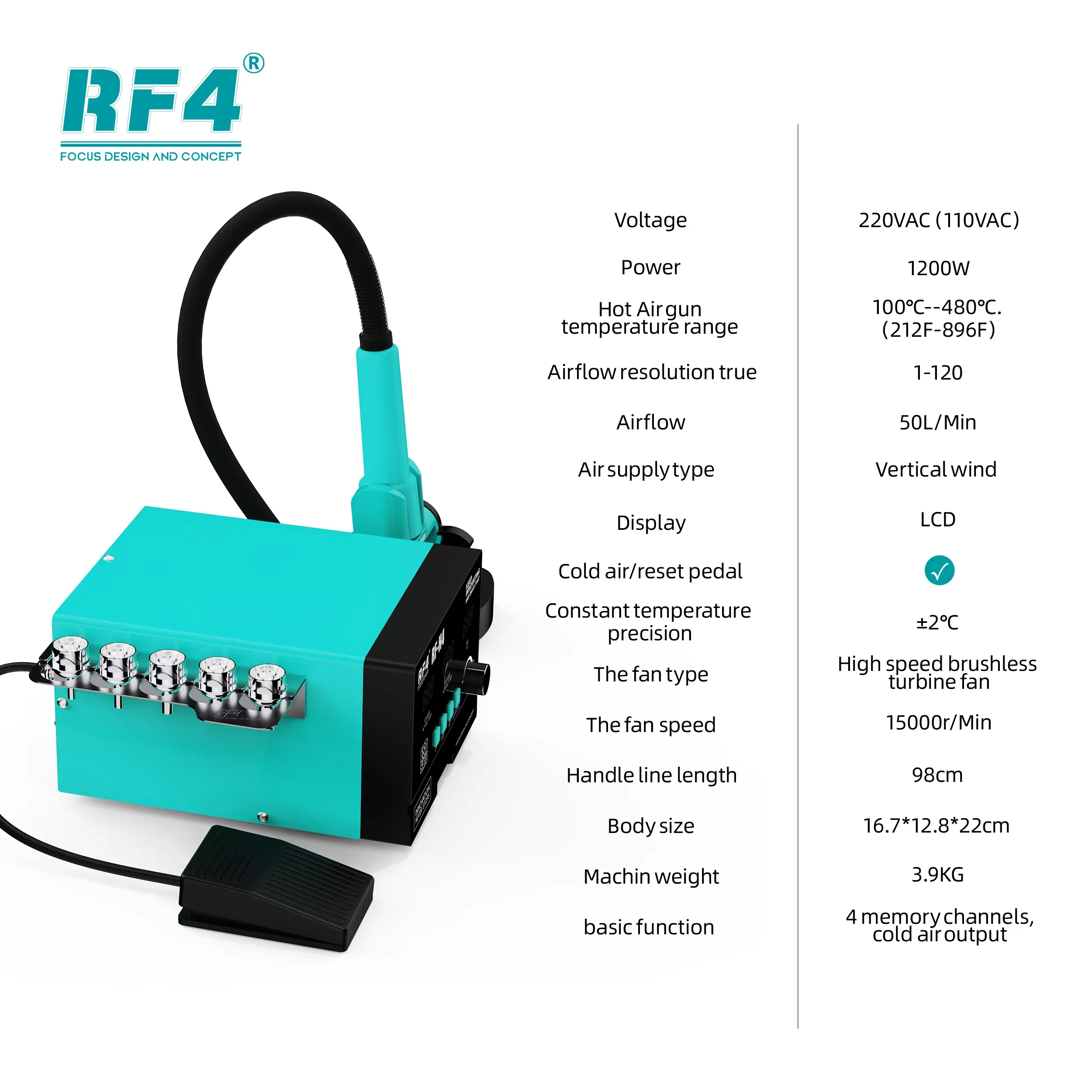 RF4 RF-H4 1200W Intelligent Hot Air Soldering Station Powerful Heat Gun BGA Rework Station for Cell Phone PCB Desoldering Repair 5