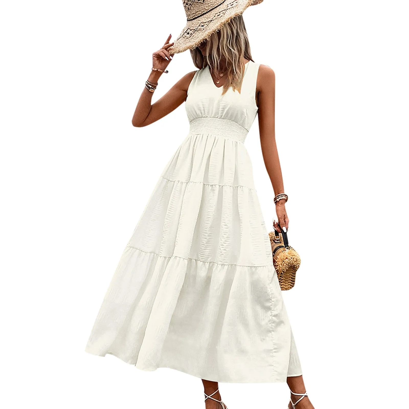 

Dress For Women Summer 2024 Elegant Causal Solid Color V Neck Sleeveless Long Dresses A Line Loose Swing Holiday Sundress