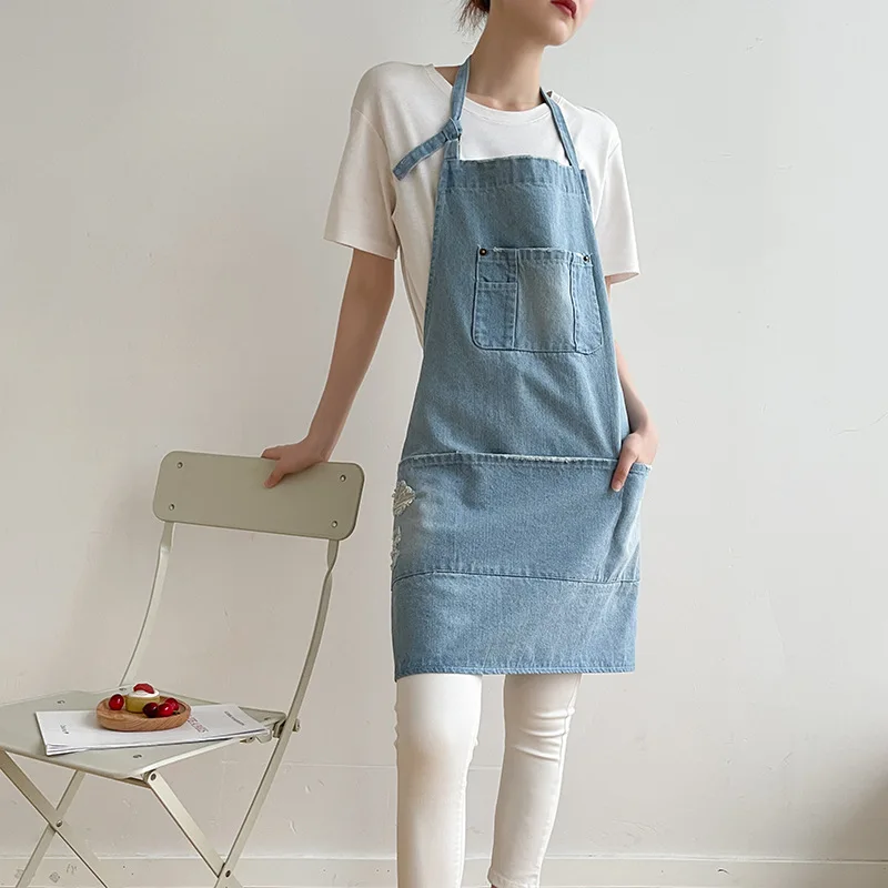 블랙 블루 데님 간단한 앞치마 유니폼 남여 청바지 앞치마 남자 레이디 요리사 주방 요리 앞치마 뷰티 네일 카페 유니폼