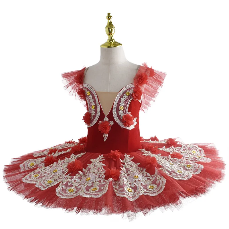 Red Girls Adult Sequined Leotard Ballet Dress Pancake Tutu Ballerina Costume Lyrical Dance Costume Swan Ballet Dancer Dress Wear