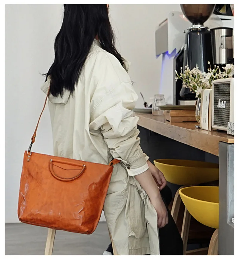 Fashion pleated genuine leather women's A4 handbag casual vintage high quality cowhide ladies big shoulder messenger bags
