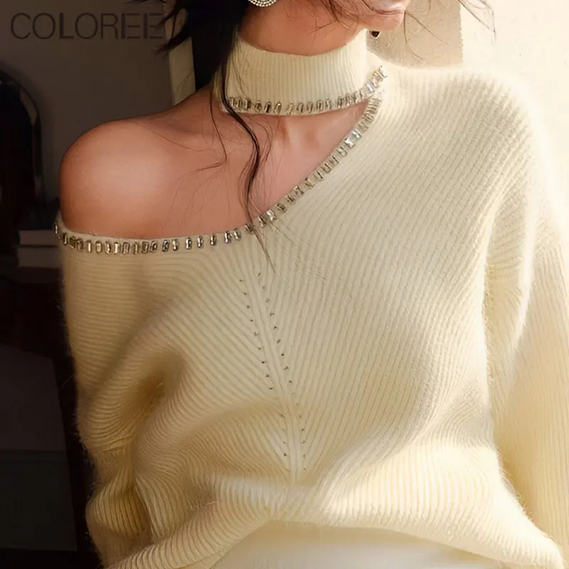 

Korean Fashion Clothing Elegant Crystal Beading Knitted Pulls Femmes Hiver 2023 Loose Casual Ovesized Sweater Women