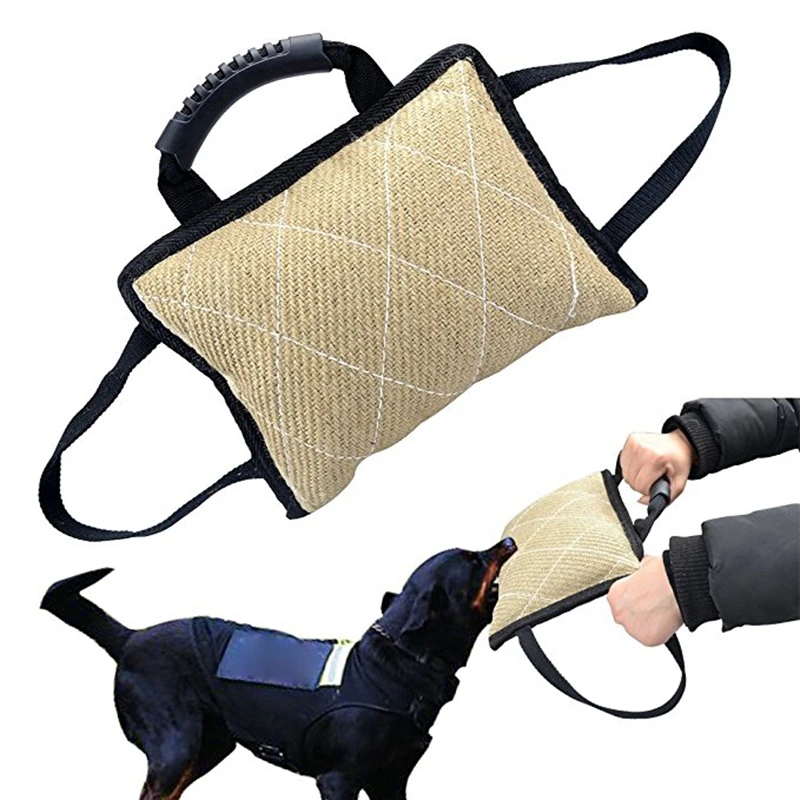 

HOT Durable Dog Training Bite Tug Toy With 3 Handles Jute Linen Bite Pillow
