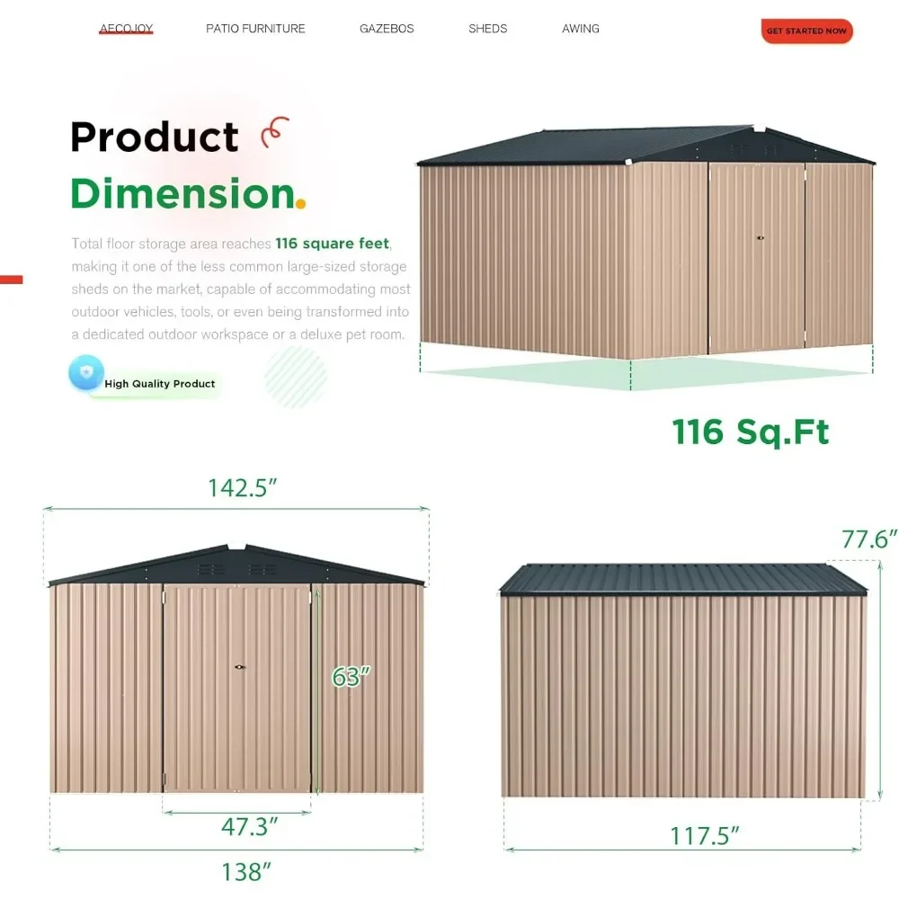 Storage Shed Ourdoor 12' x 10' , Extra Large Steel Yard Shed (116 Sq.Ft Land) Design of Lockable Doors, Utility and Tool Storage