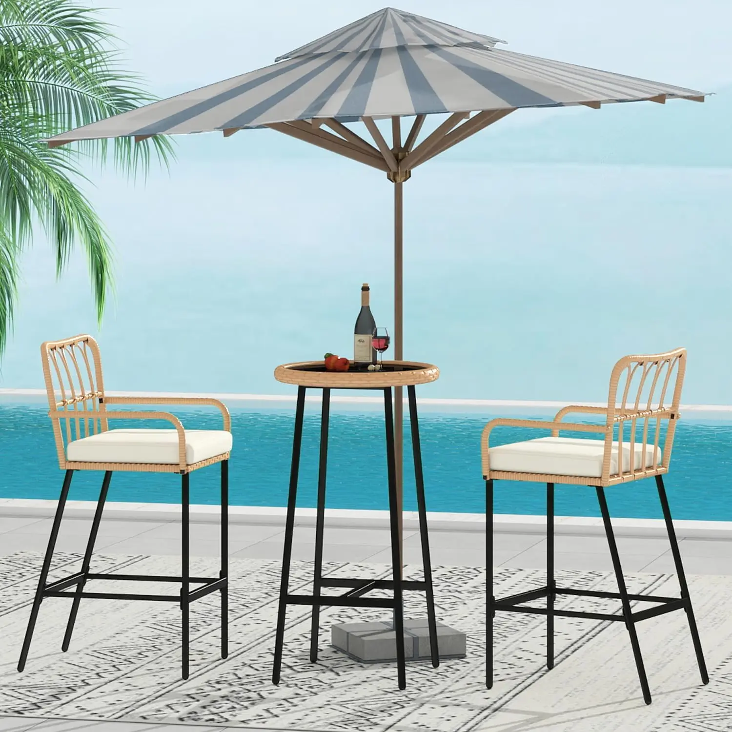 3 Pieces Patio Bar Table Set, Outdoor Wicker Bar, All Weather Height Bar Stools and Table Set, for Garden, Deck, Balcony