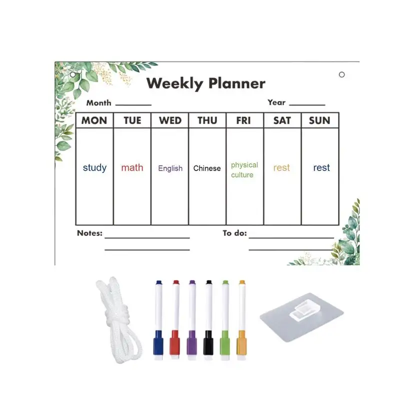

Dry Erase Weekly Planner Note Board Hanging Erasable Acrylic Weekly Plan with 6 Markers Meal Weekly Calendar Office Supplies