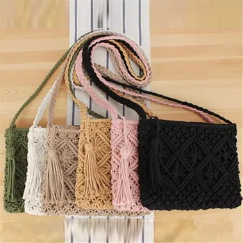 حقيبة كروس مصنوعة يدويًا من الحبال البوهيمية المنسوجة مع تفاصيل شرابة، حقائب كتف صيفية للشاطئ للنساء، تصميم هندسي