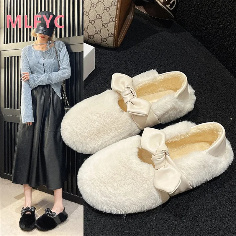 Cotton Shoes Ladies Autumn and Winter New Bow Lazy Shoes Flat Bottom and Plush Two Wear Cotton Shoes Casual Warm Women Shoes