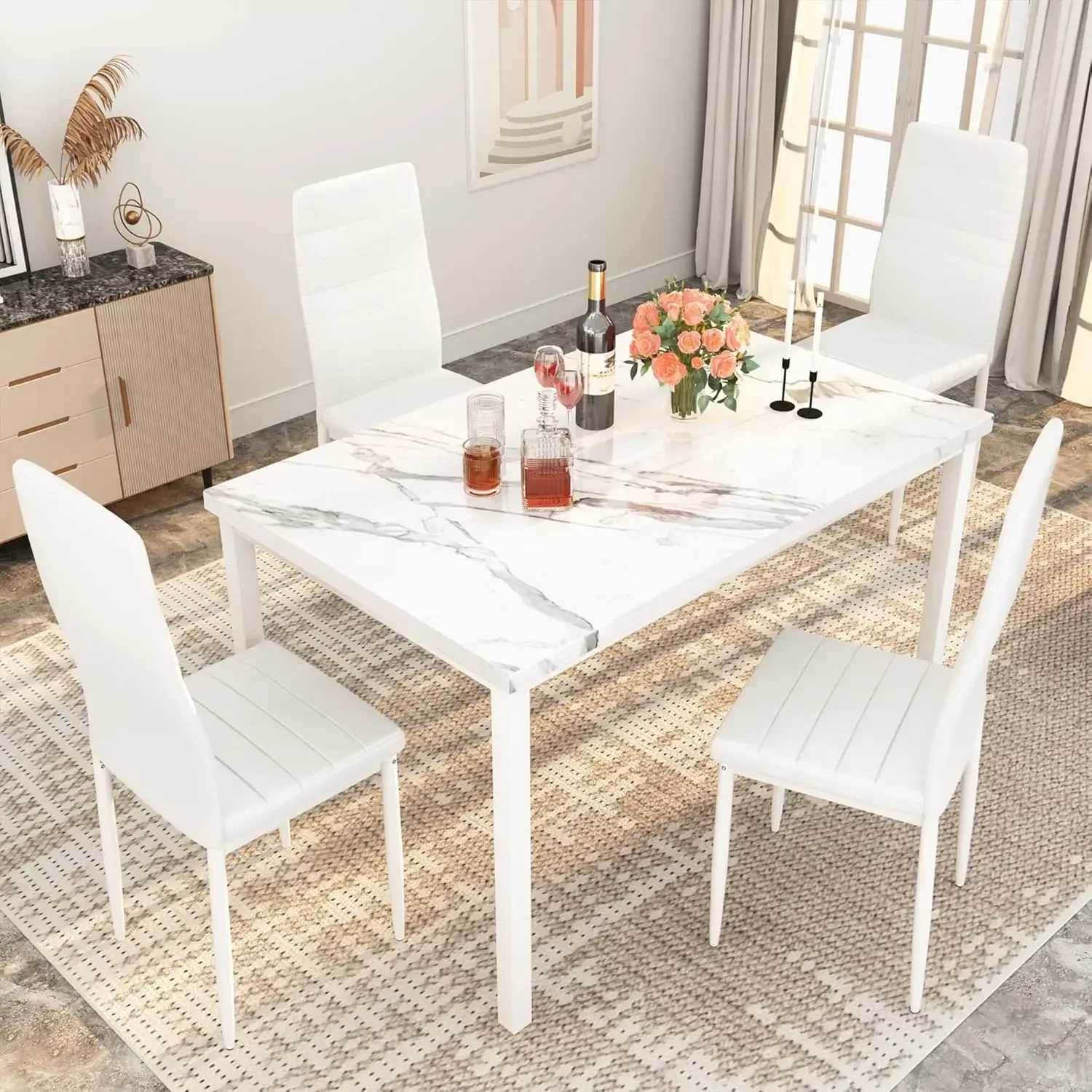 Dining Table Set for 4 Marble Kitchen Table and Chairs for 4, Comfortable PU Leather Chairs,Dining RoomTable Set for Small Space