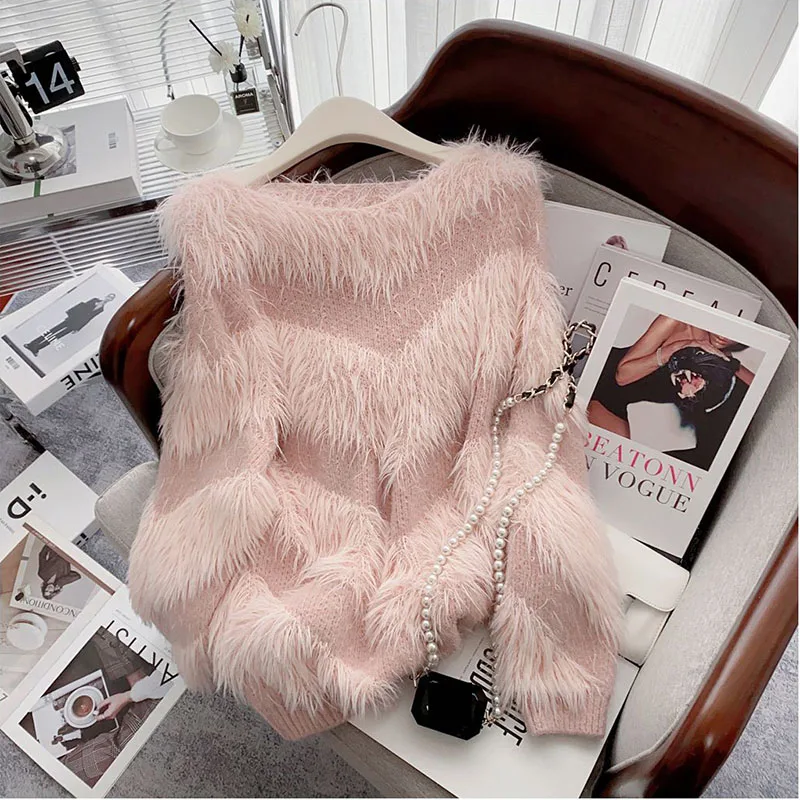 

2023 New Spring Autumn Fashion Female Sweater Mink Hair O-Neck Tassel Knit Sweater Casual Loose Elegant Pullover Women Sweater