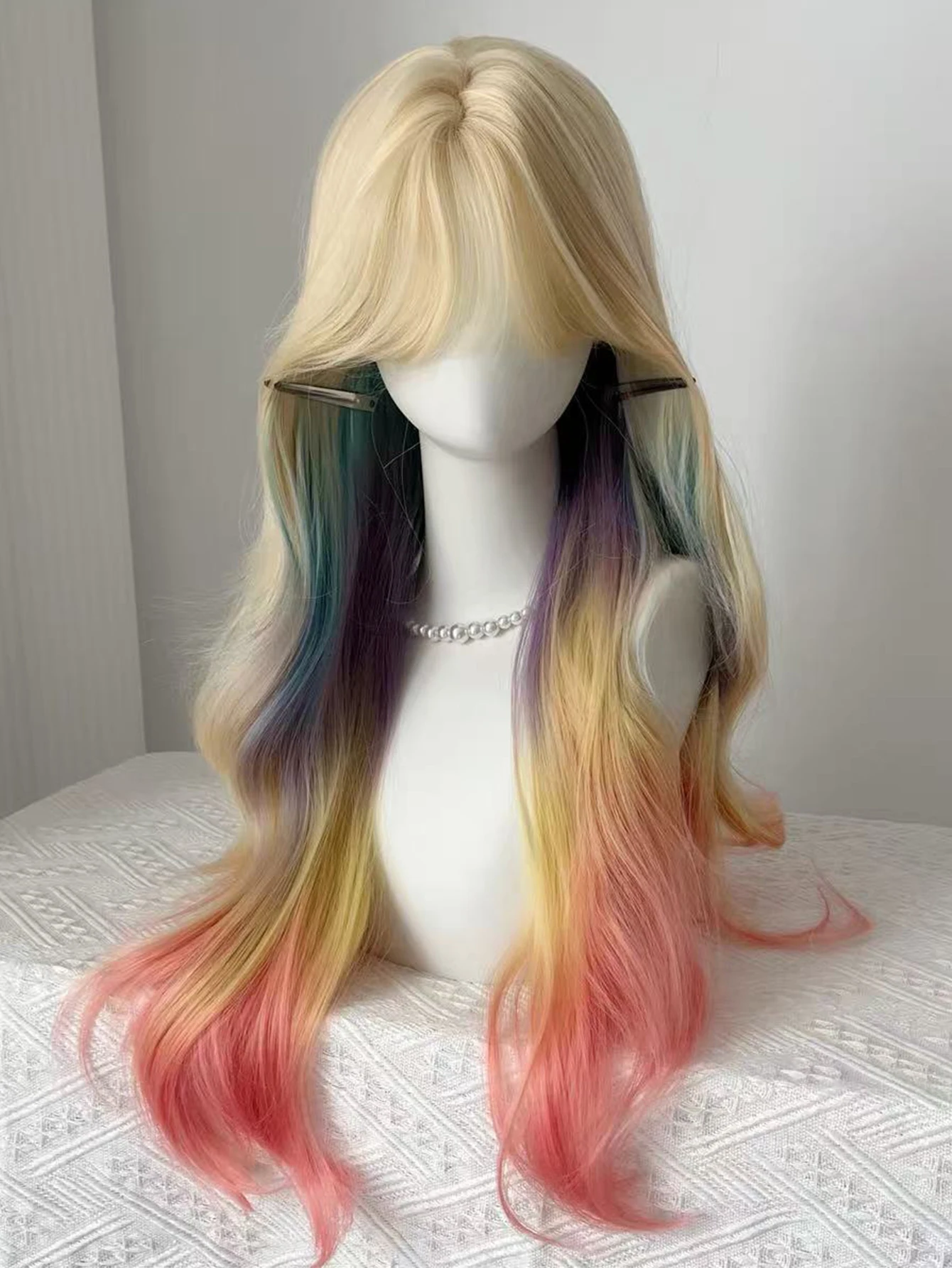 Synthetic Rainbow Ombre Wig with Bangs for Women