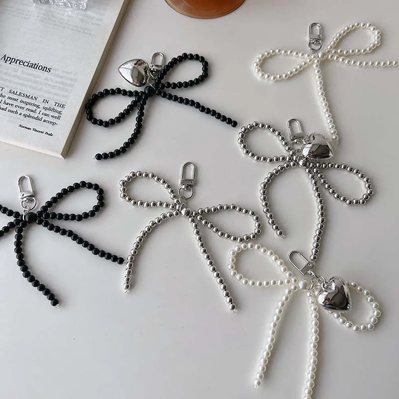 

Брелок для ключей с бантом и бисером в стиле Ins, трехмерный Серебристый кулон в форме сердца для телефона, наушники, подвеска, брелок для автомобильного ключей, украшение для сумки