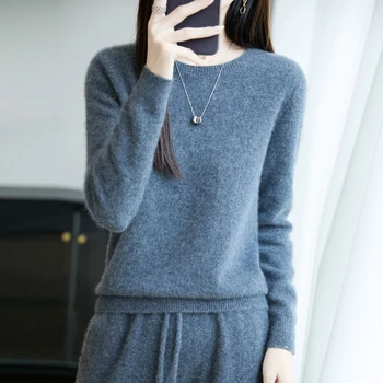 Women 100% Merino Wool Sweater New Fashion O-Neck Pullover Tops Basic Jumper Autumn Winter Woman Cashmere Sweater Knitted Blouse 1