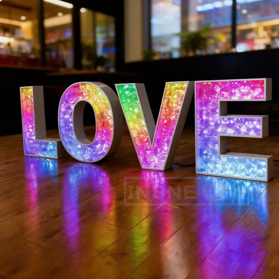 야외용 RGB 금속 3D LED 글자 간판, 매장, 결혼식 및 파티 장 맞춤형 다이아몬드 발광 광고 글자