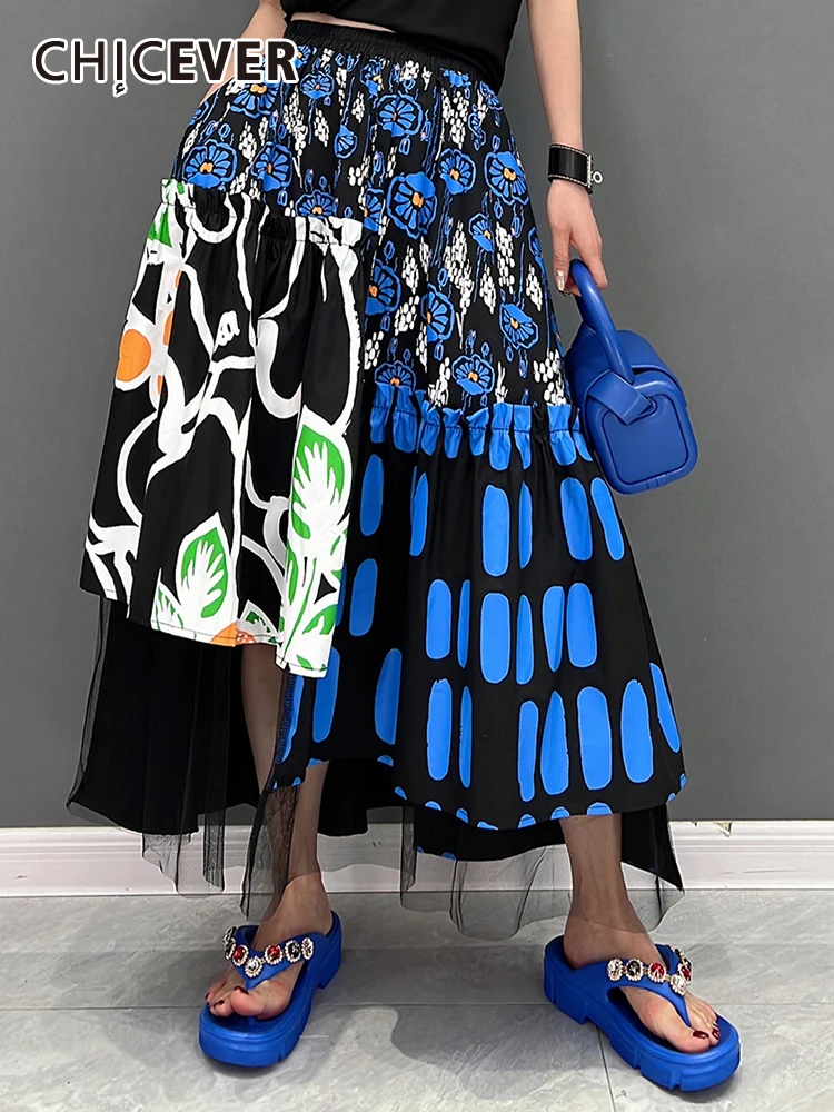 

CHICEVER Printing Skirts For Women High Waist Loose Patchwork Mesh Colorblock Folds A Line Summer Casual Maxi Skirt Female New