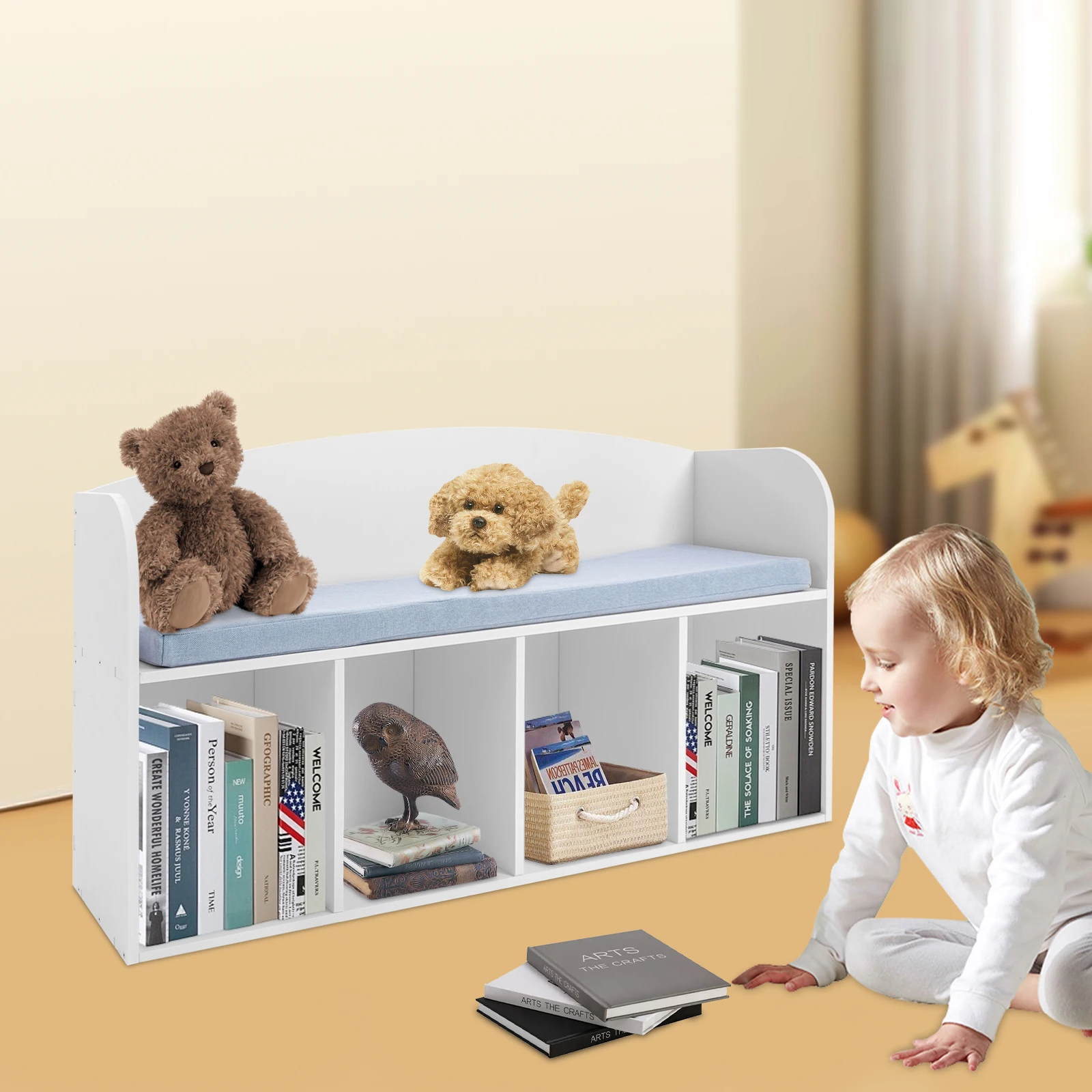 Kids Book Display Case with Soft Cushion, Storage Bench with Book Rack, Low Square Book Cabinet for Living Room Bedroom Decor 2