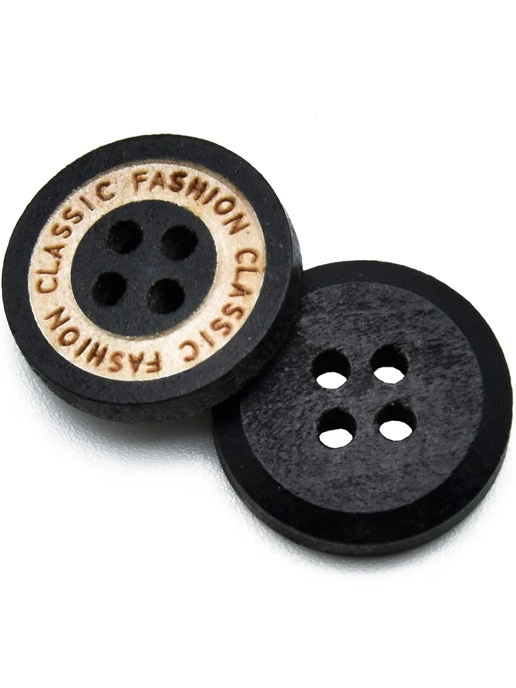 Black Laser Engraved Round Wooden Buttons for Sewing and Crafts, 4 Holes, 15mm, 30-Pack or 60-Pack