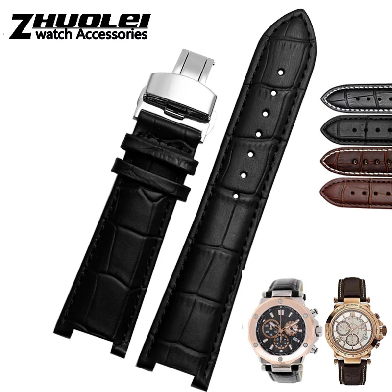 Genuine Leather Watchband with Stainless Steel Butterfly Buckle, Notched Strap Design