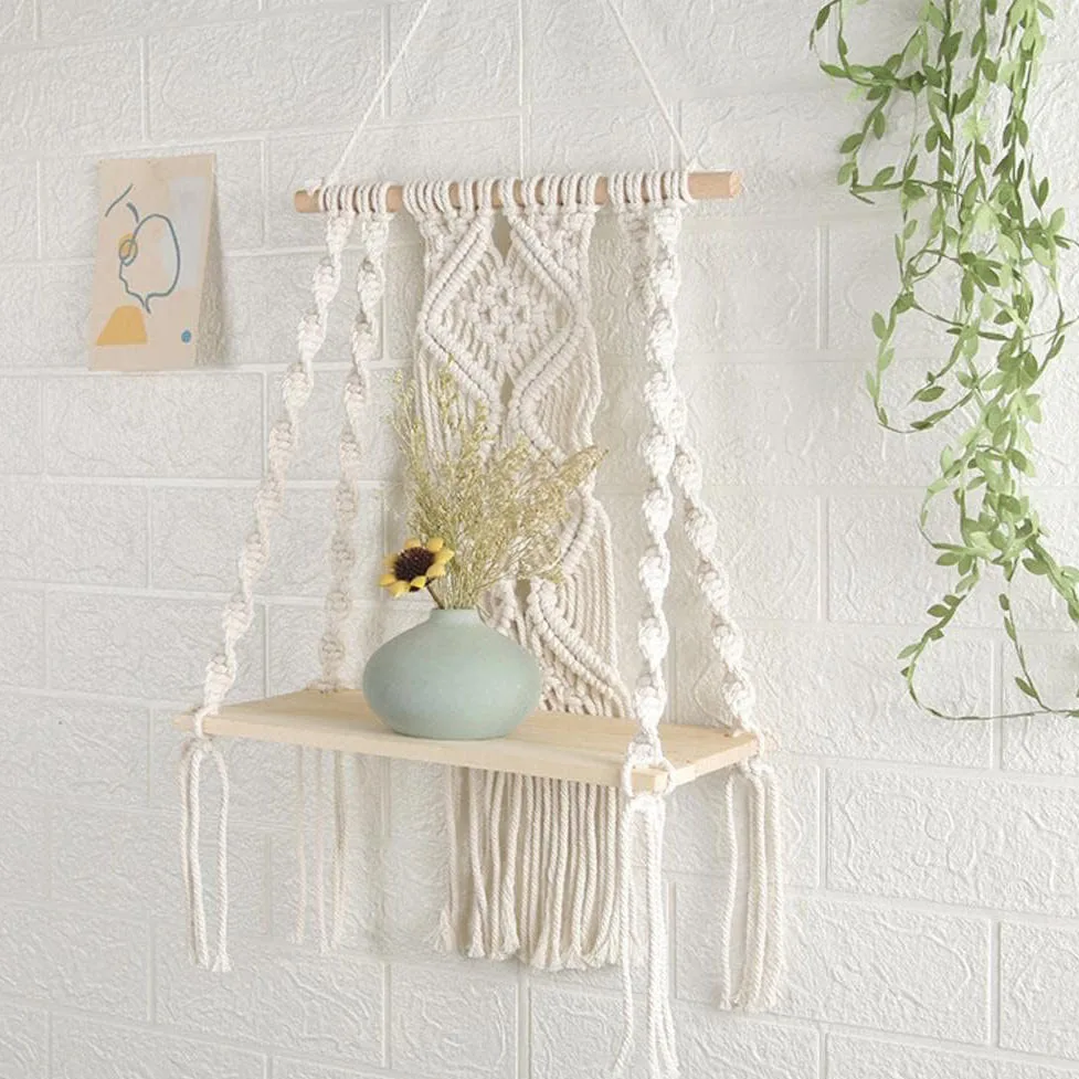 Boho Chic Macrame Wall Hanging Shelf - Woven Rope Plant Hanger for Stylish Decor & Versatile Storage