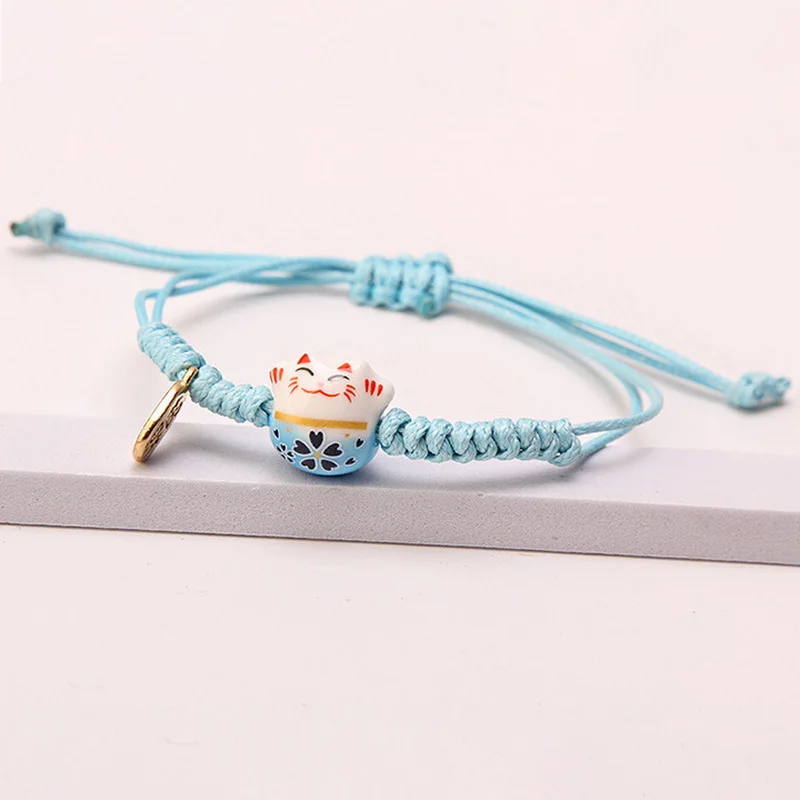 Ceramic Lucky Cat Braided Bracelet for Women Cute Animal Kitten Hand-woven Adjustable Bangles Party Harajuku Jewelry Gift